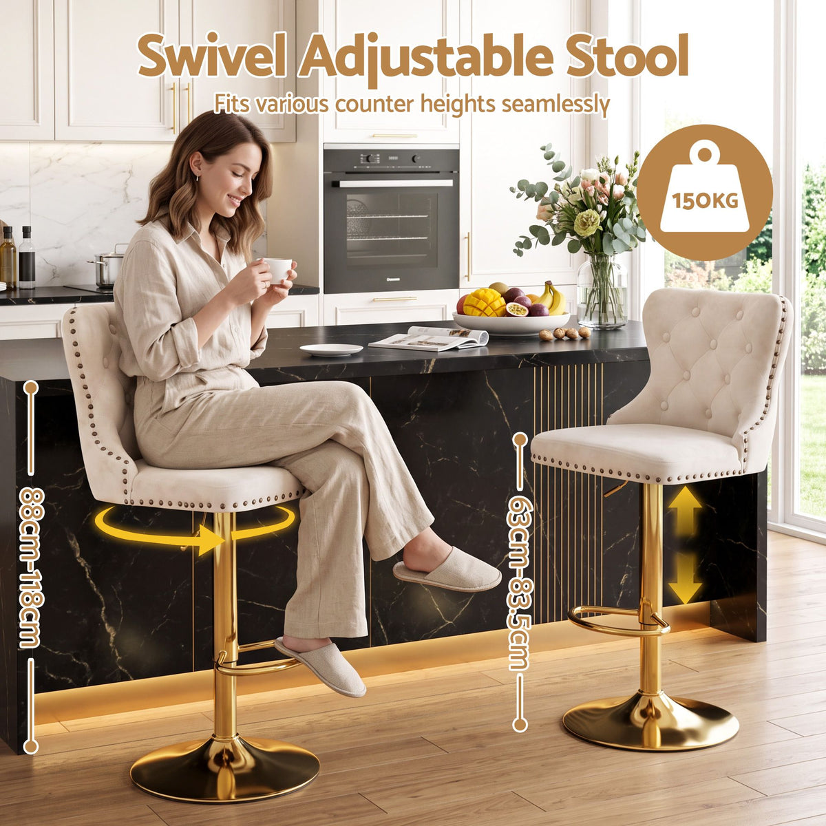 Velvet upholstered seat on an Artiss ivory counter stool rated to 150kg