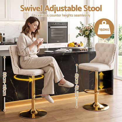 Velvet upholstered seat on an Artiss ivory counter stool rated to 150kg