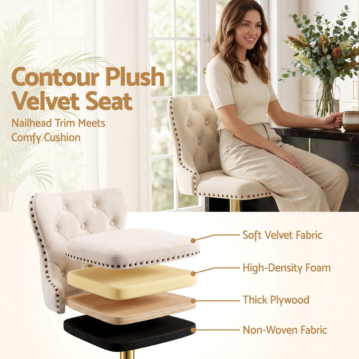 Artiss ivory bar stool with a 41cm diameter base and anti-slip floor protectors