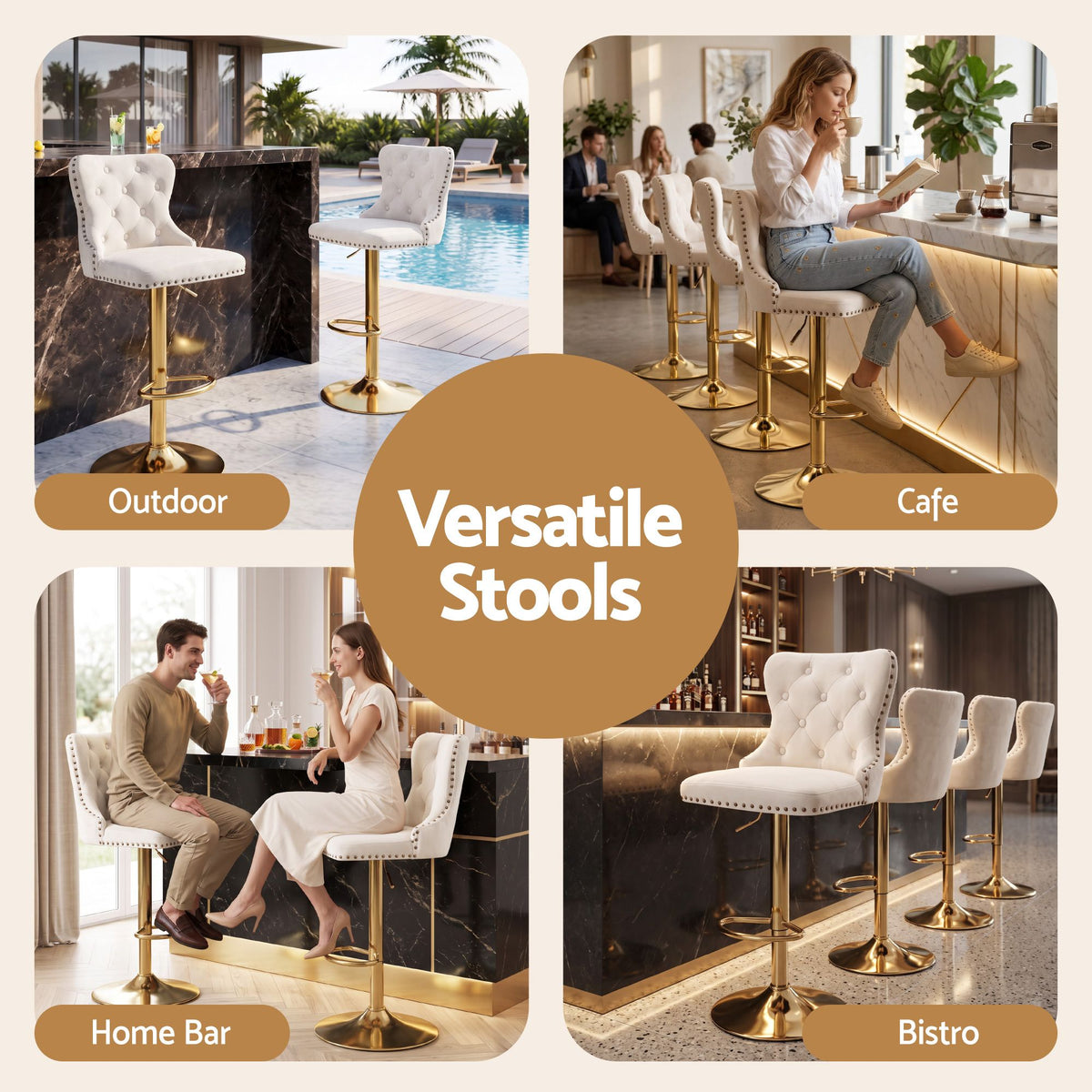 Padded velvet backrest on an Artiss ivory nailhead trim bar stool