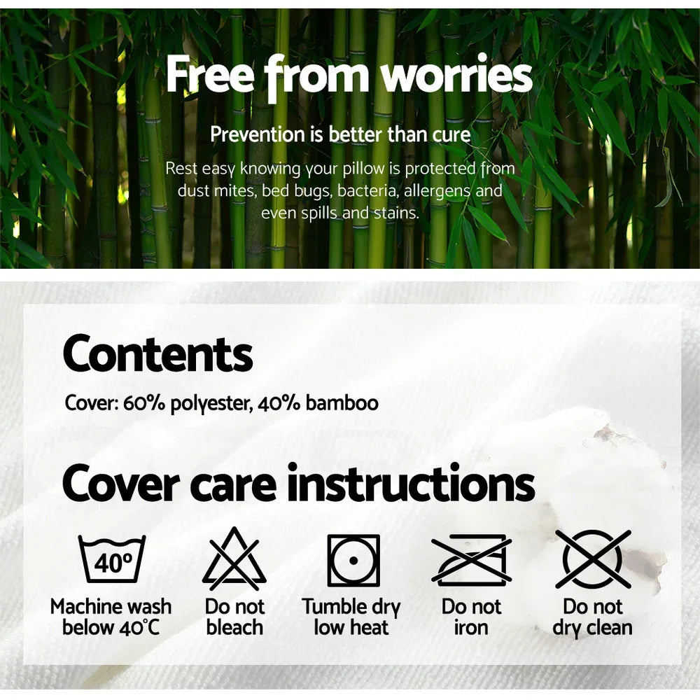 Pillow cover care instructions and contents, bamboo background, hypoallergenic features highlighted.