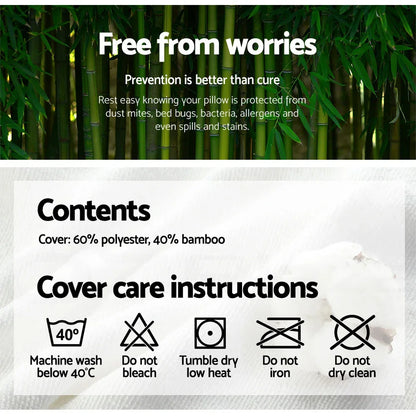 Pillow cover care instructions and contents, bamboo background, hypoallergenic features highlighted.