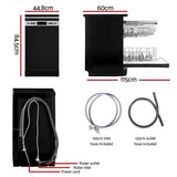 Black freestanding dishwasher with dimensions, open rack view, hoses and installation parts shown.