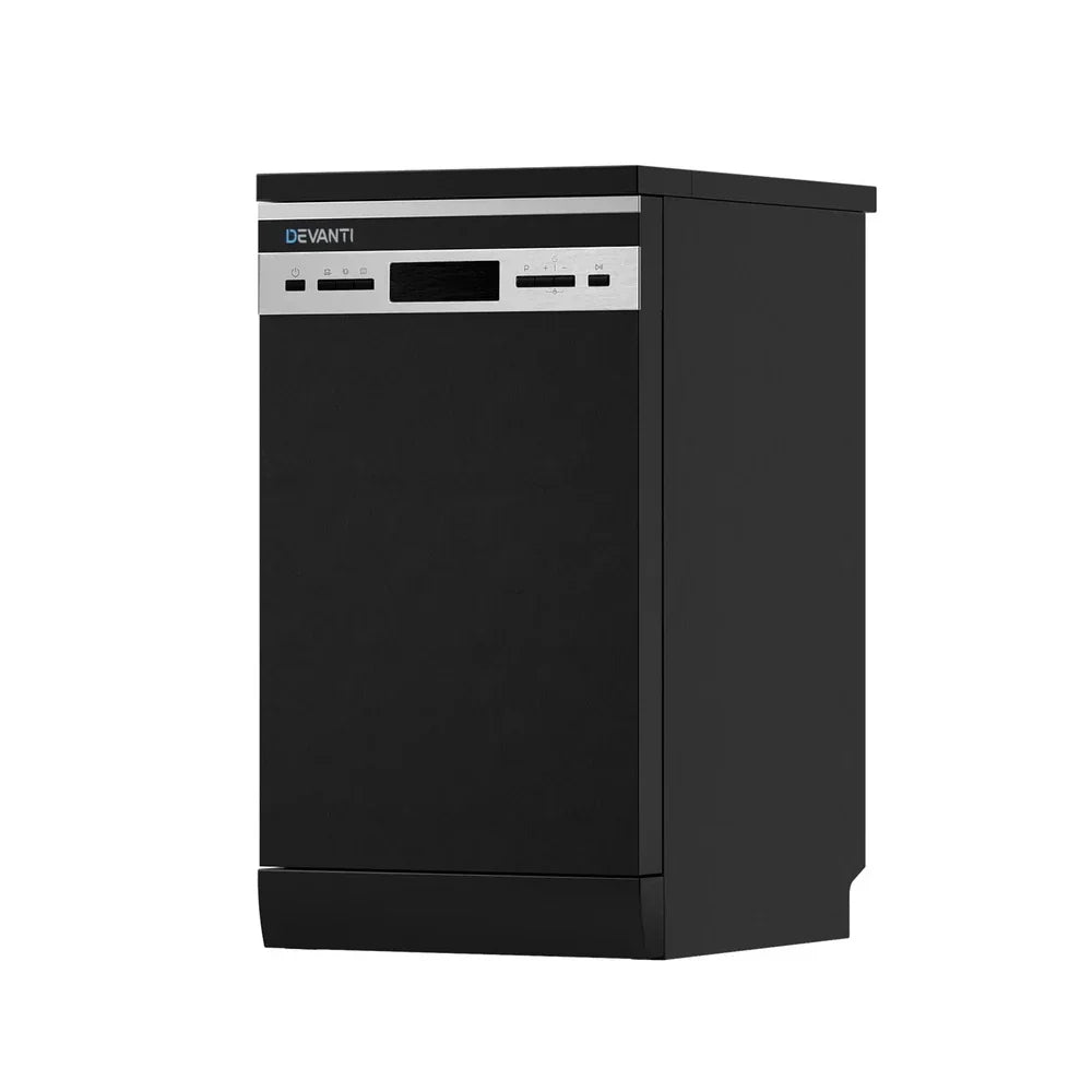 Freestanding black dishwasher with stainless steel control panel and digital display
