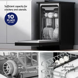 Compact dishwasher with 10 place settings, smooth runners, and removable cutlery tray.