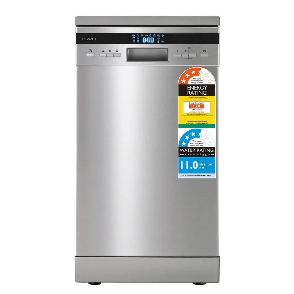 Stainless steel freestanding dishwasher with control panel, energy and water rating labels.