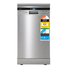 Stainless steel freestanding dishwasher with control panel, energy and water rating labels.