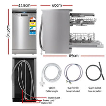 Stainless steel dishwasher with open rack, front and side views, dimensions, hoses and cables shown.
