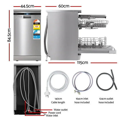 Stainless steel dishwasher with open rack, front and side views, dimensions, hoses and cables shown.