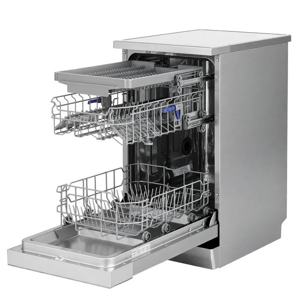 Stainless steel freestanding dishwasher with open door and multiple wire racks