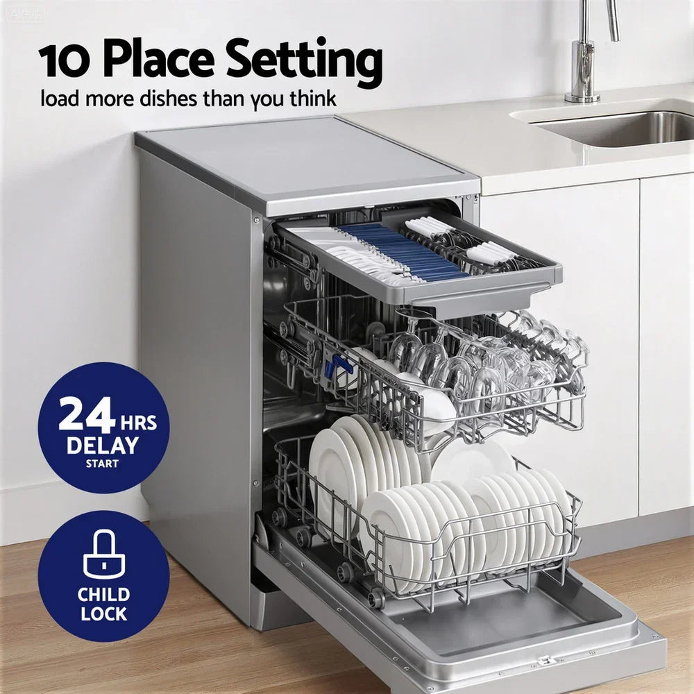Freestanding dishwasher with three racks, loaded with dishes, utensils, and glassware, 10 place setting, 24-hour delay, child lock, modern kitchen
