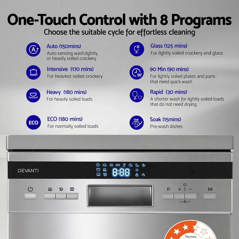 Stainless steel dishwasher with digital display and 8 wash programs shown on control panel.
