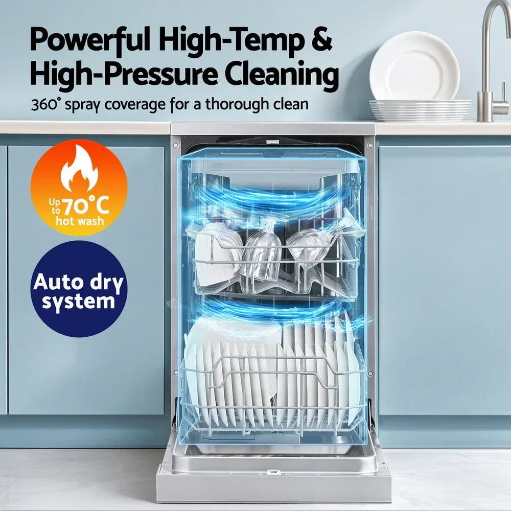 Modern dishwasher with plates and glasses, featuring high-temp wash and auto dry system