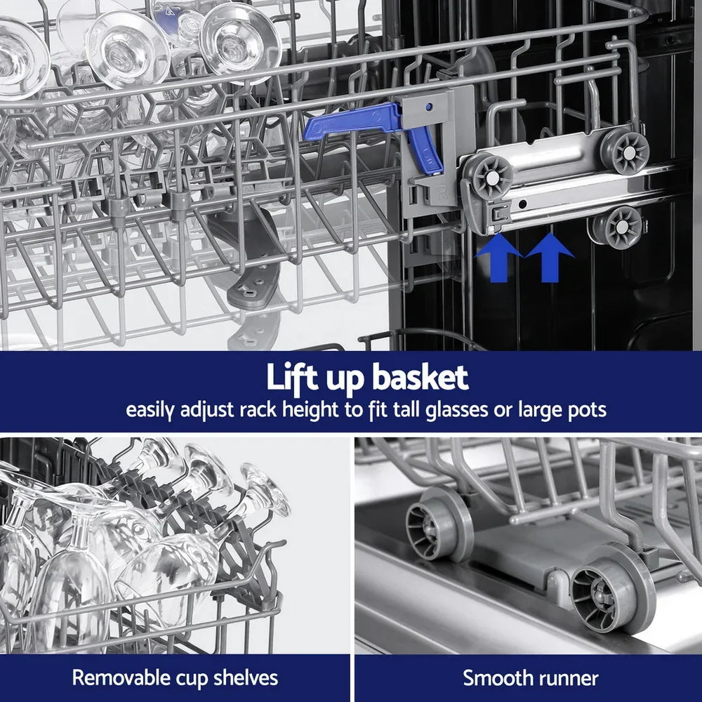 Adjustable dishwasher rack with lift-up basket, removable cup shelves, and smooth sliding wheels