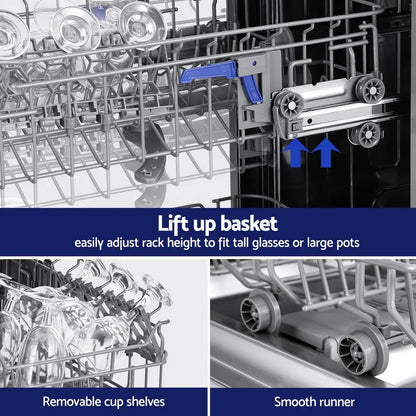 Adjustable dishwasher rack with lift-up basket, removable cup shelves, and smooth sliding wheels