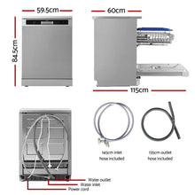 Silver freestanding dishwasher with open door, dimensions, hoses and installation accessories shown.