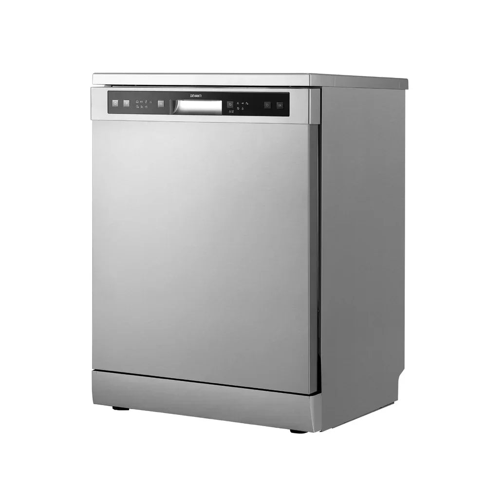 Stainless steel freestanding dishwasher with digital control panel, modern kitchen appliance