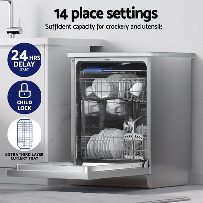 Stainless steel dishwasher with 14 place settings, open door showing dishes and cutlery tray