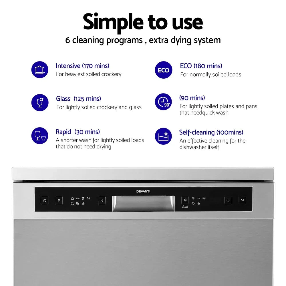 Stainless steel dishwasher with LED control panel showing 6 cleaning programs and extra drying system.