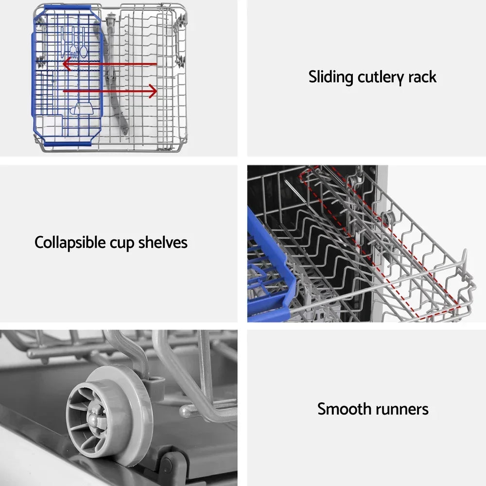 Dishwasher rack features including sliding cutlery rack, collapsible cup shelves, and smooth runners.