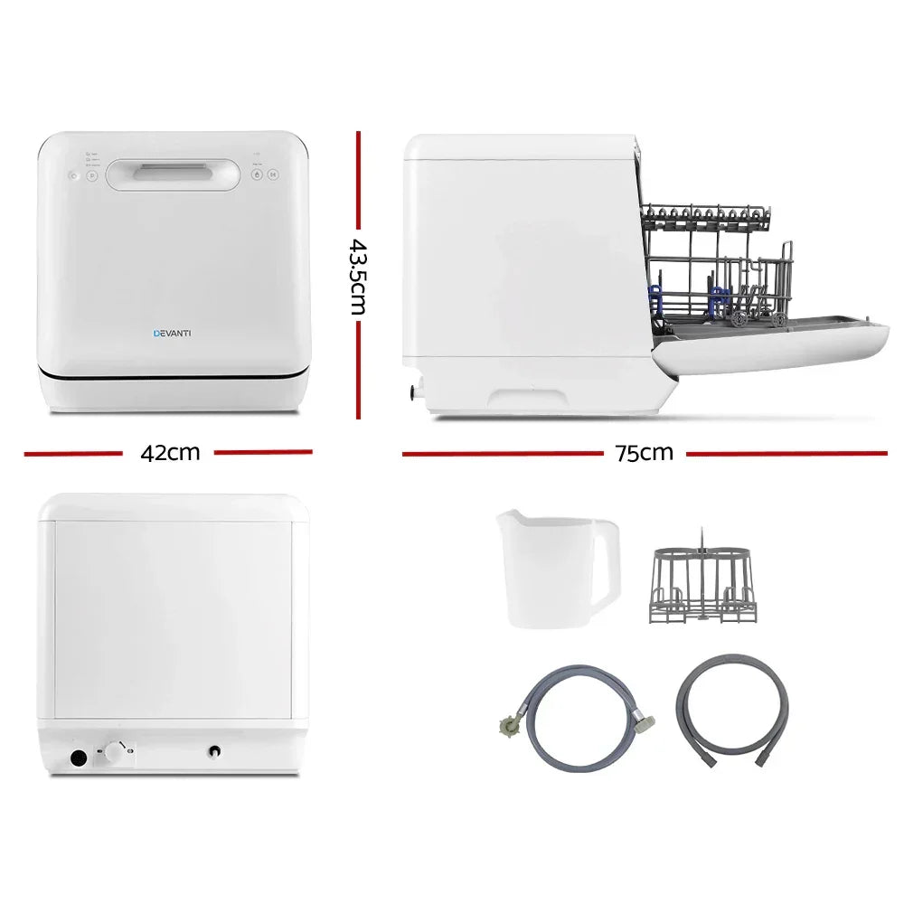 Compact white benchtop dishwasher with accessories and dimensions shown, 43.5x42x75cm.