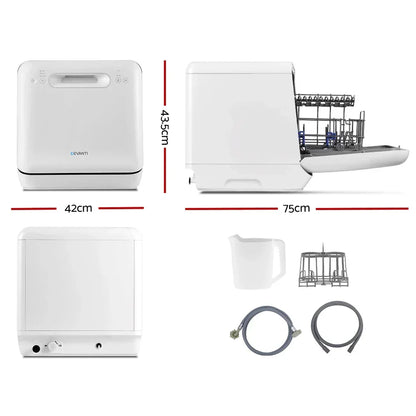 Compact white benchtop dishwasher with accessories and dimensions shown, 43.5x42x75cm.
