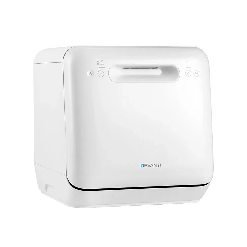 Compact white benchtop dishwasher with control panel and front loading door