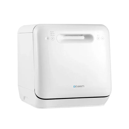 Compact white benchtop dishwasher with control panel and front loading door