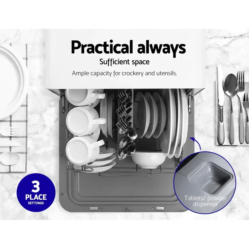 Compact dishwasher interior with dishes, 3 place settings, and detergent dispenser highlighted