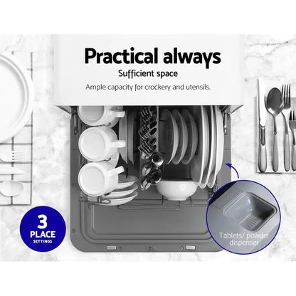 Compact dishwasher interior with dishes, 3 place settings, and detergent dispenser highlighted