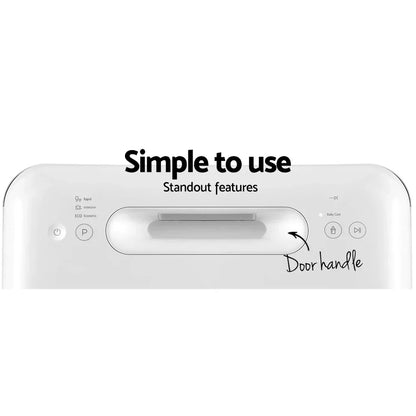 Top control panel of a white dishwasher with labelled door handle and function buttons