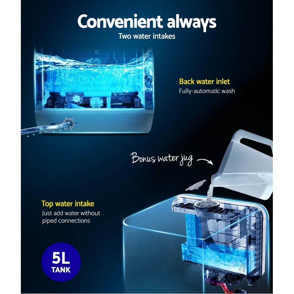 5L water tank with back and top water intakes, bonus jug, fully-automatic wash feature.