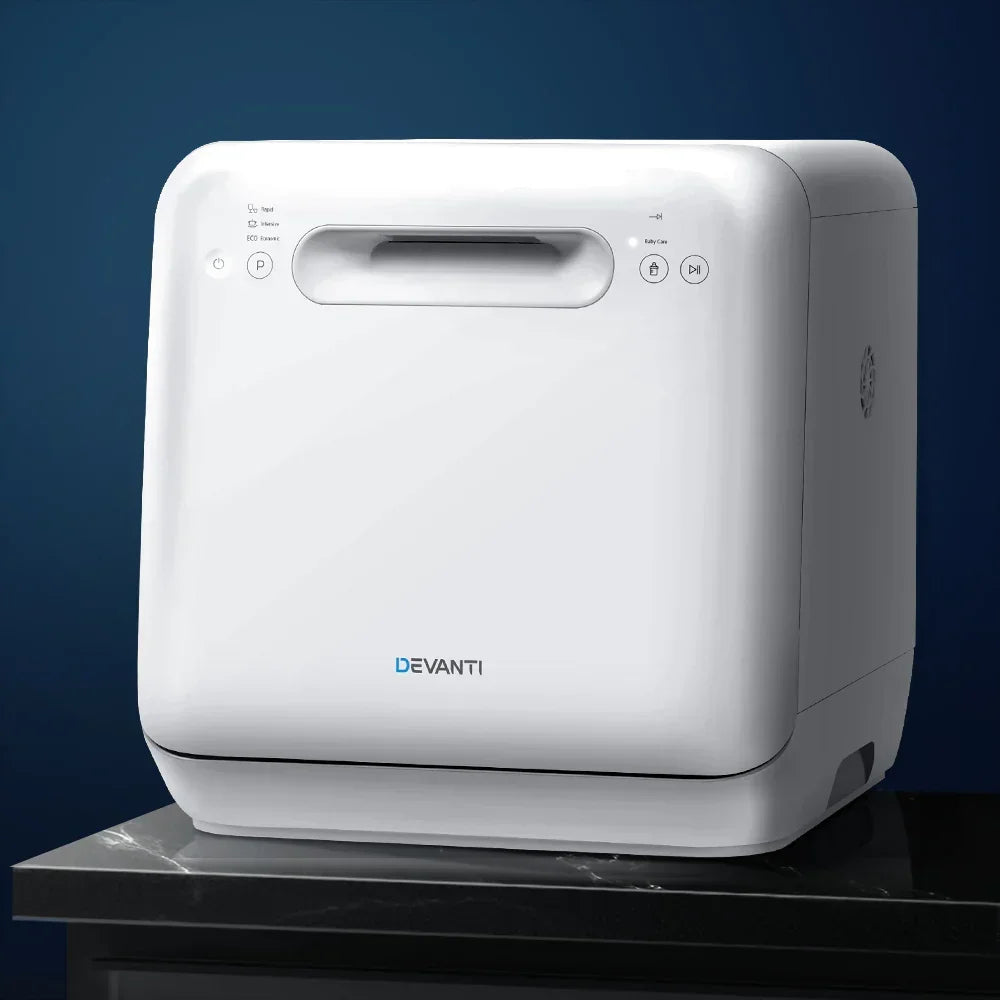 Compact white benchtop dishwasher with control panel, modern appliance on dark counter