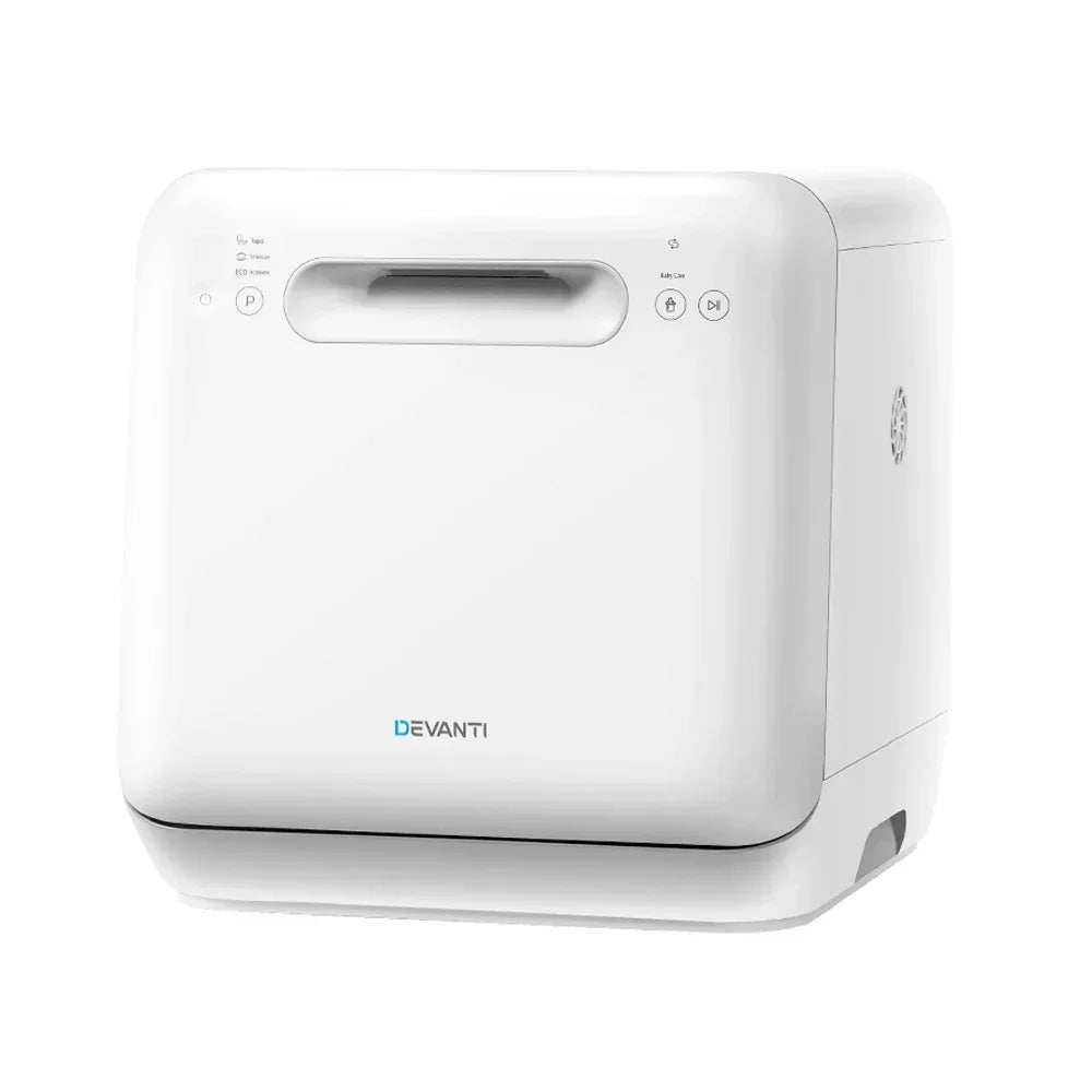 Compact white benchtop dishwasher with control buttons and Devanti logo on front