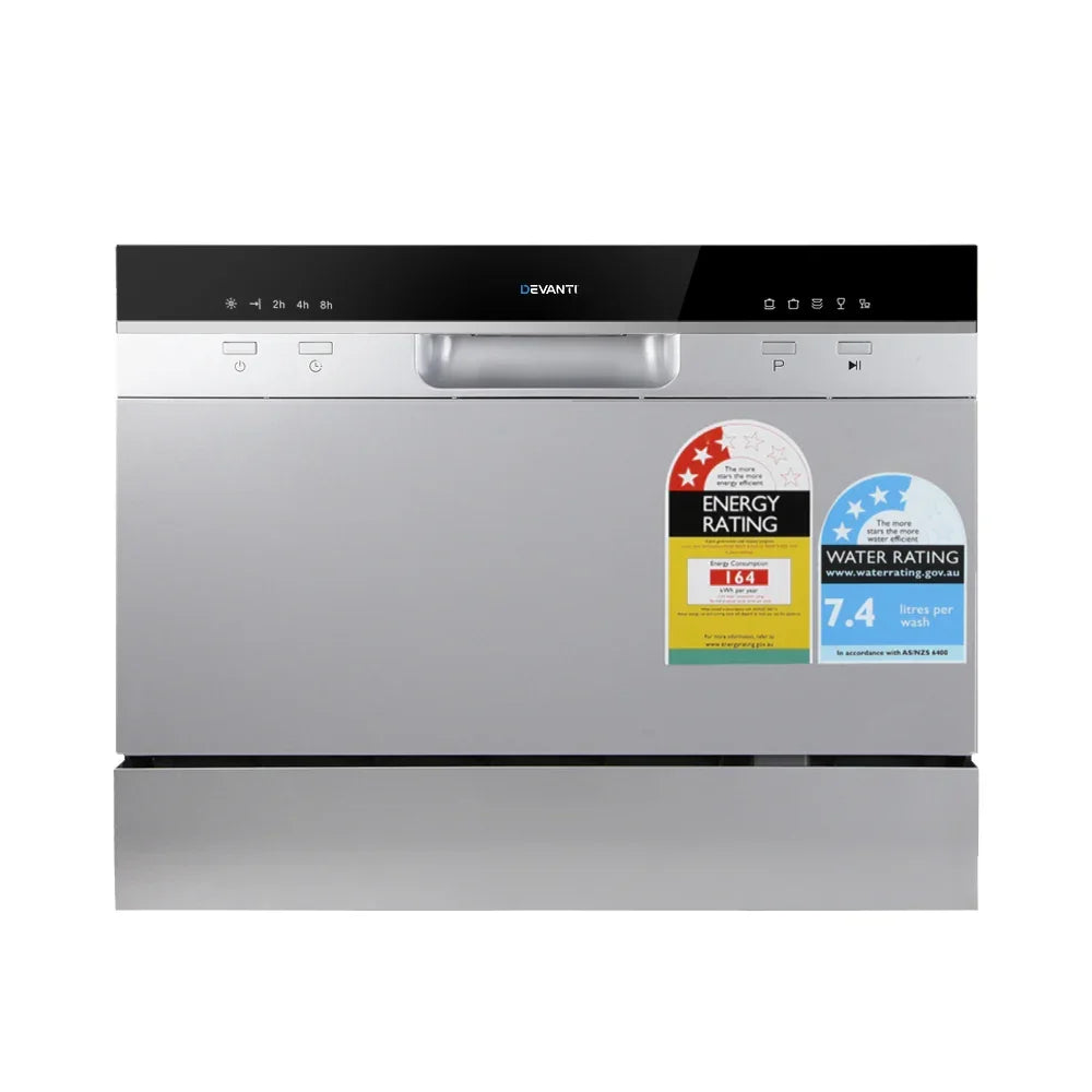 Compact silver benchtop dishwasher with energy and water efficiency rating labels