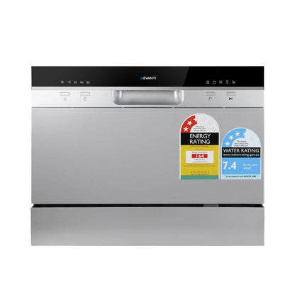 Compact silver benchtop dishwasher with energy and water efficiency rating labels