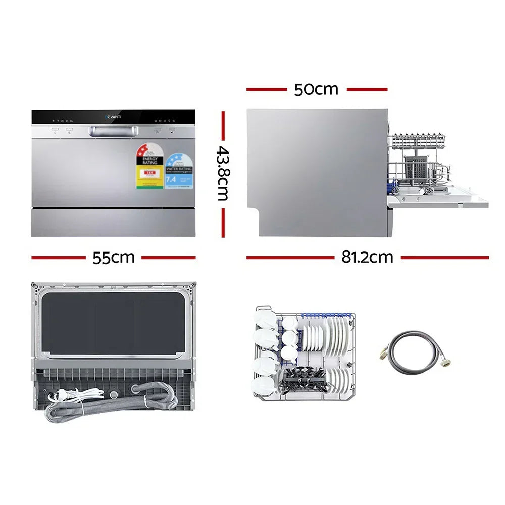 Compact silver benchtop dishwasher with dimensions, open view, and accessories shown
