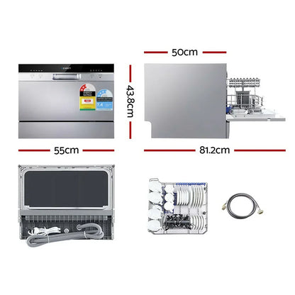 Compact silver benchtop dishwasher with dimensions, open view, and accessories shown