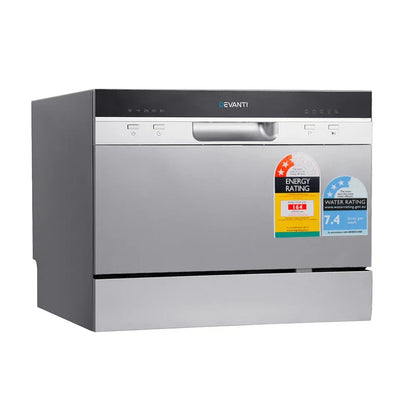 Compact silver benchtop dishwasher with control panel and energy rating stickers