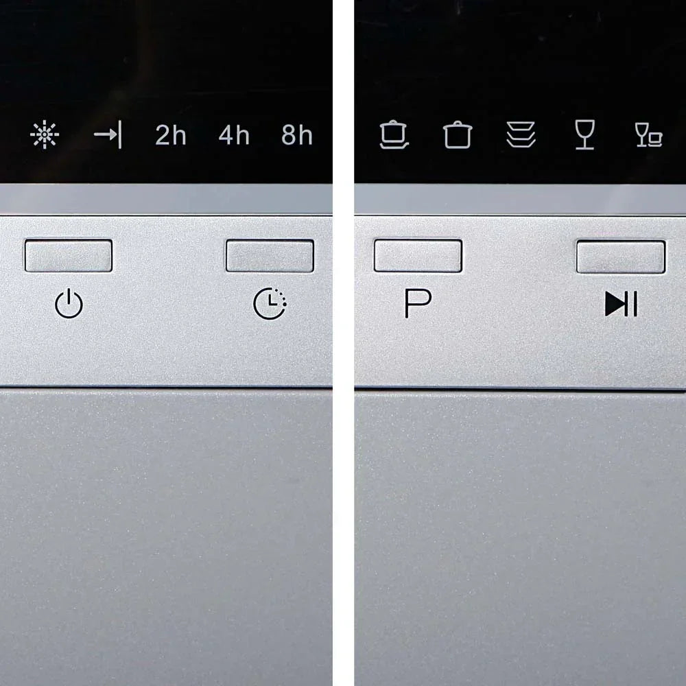 Close-up of a dishwasher control panel with touch buttons and digital icons for cycles and timer settings.