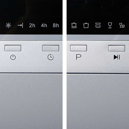 Close-up of a dishwasher control panel with touch buttons and digital icons for cycles and timer settings.
