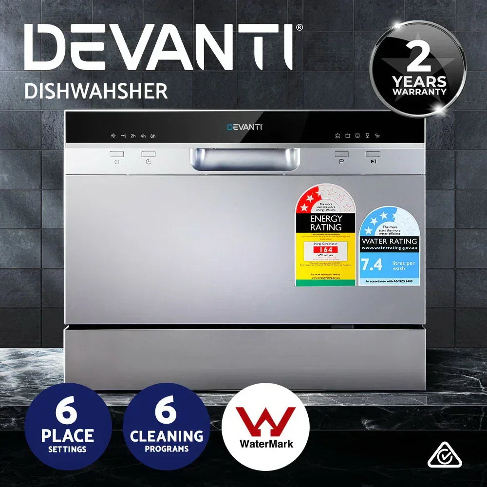 Compact stainless steel benchtop dishwasher with energy and water rating labels, 6 place settings.
