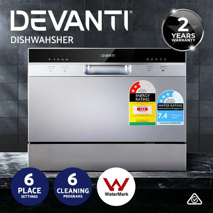 Compact stainless steel benchtop dishwasher with energy and water rating labels, 6 place settings.