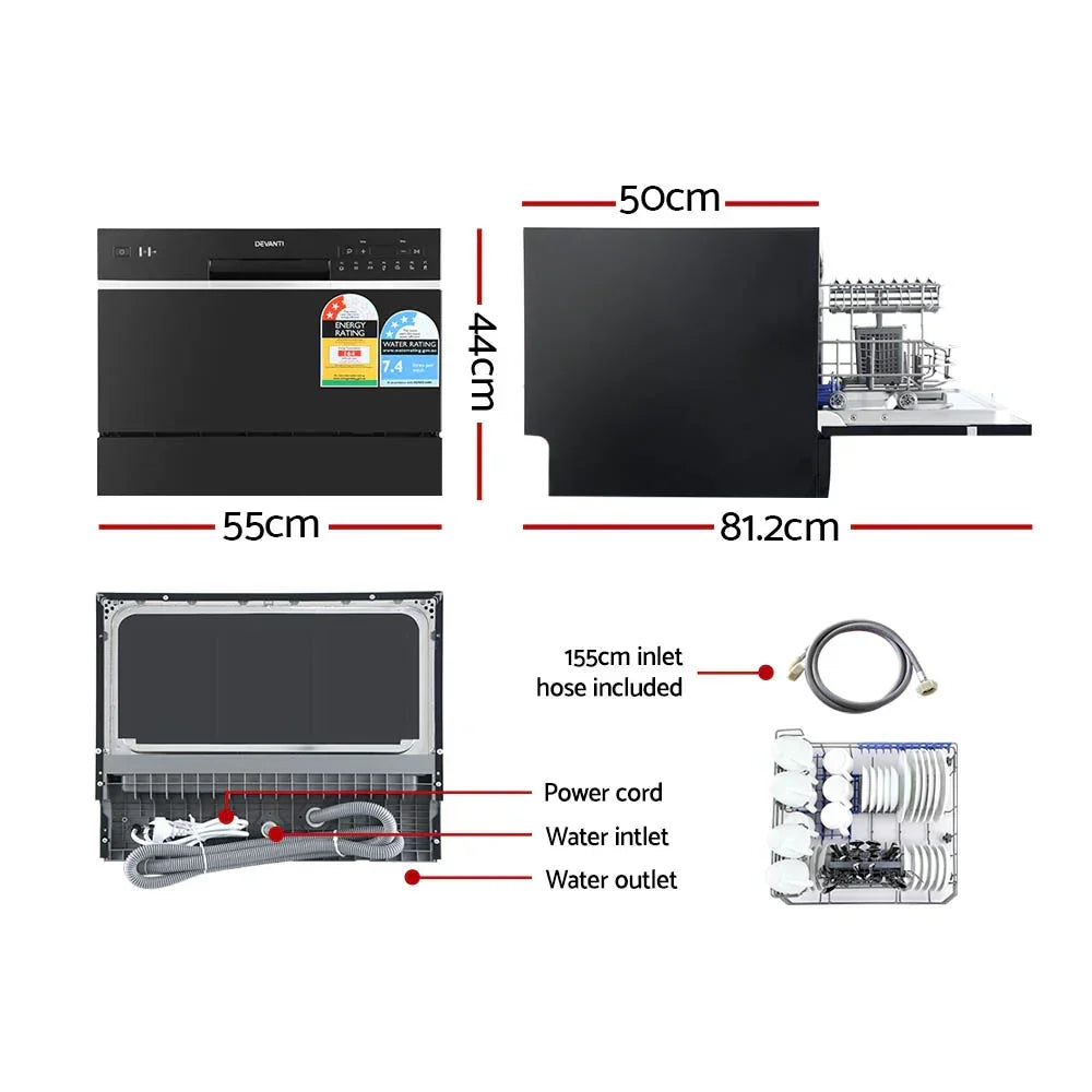 Compact black countertop dishwasher with dimensions, power cord, hoses, and interior rack shown.