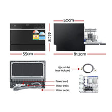 Compact black countertop dishwasher with dimensions, power cord, hoses, and interior rack shown.