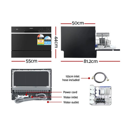Compact black countertop dishwasher with dimensions, power cord, hoses, and interior rack shown.