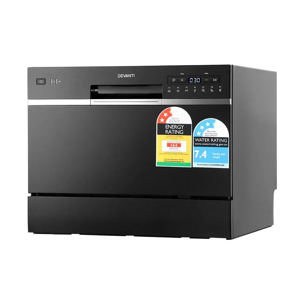 Black benchtop dishwasher with digital control panel and energy, water rating stickers