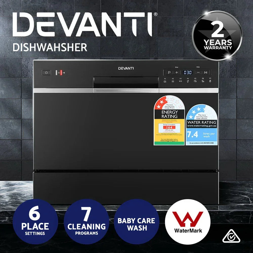 Black Devanti countertop dishwasher with 6 place settings, 7 programs, energy and water ratings.