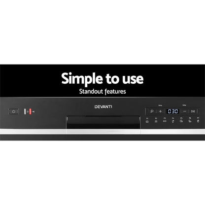Black electronic control panel of a dishwasher with digital display and touch buttons