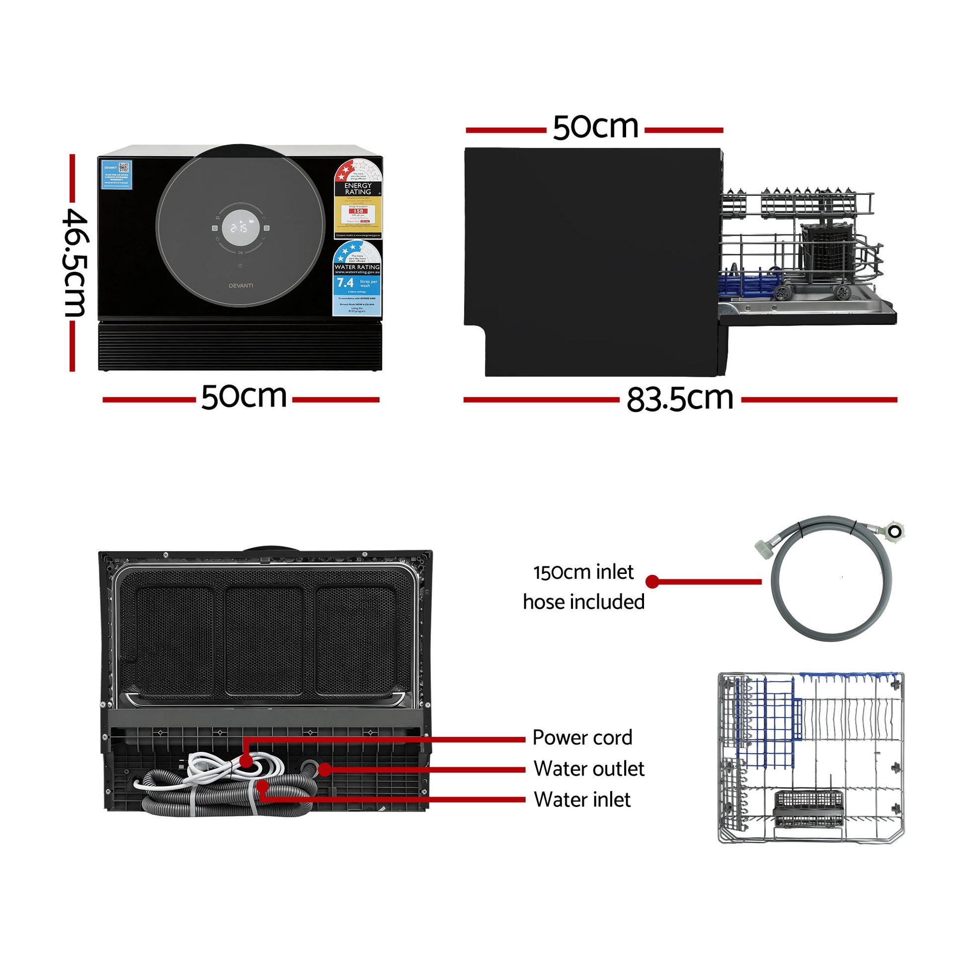 Compact 50cm dishwasher with energy rating, dimensions, and included 150cm inlet hose for easy installation